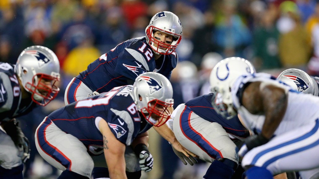 FOXBORO, MA - JANUARY 18: Tom Brady #12 of the New England Patriots calls a play in the first quarter against the Indianapolis Colts of the 2015 AFC Championship Game at Gillette Stadium on January 18, 2015 in Foxboro, Massachusetts. (Photo by Maddie Meyer/Getty Images)