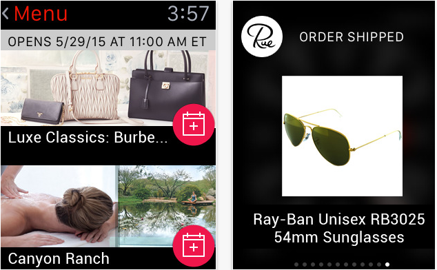 Screenshots of two features on Rue La La's Apple Watch app.
