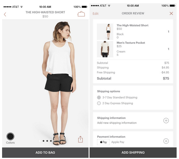 A product page and checkout page on Everlane's app.