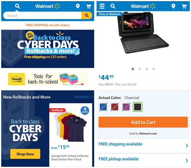 Walmart.com's mobile home screen, left, and product page.