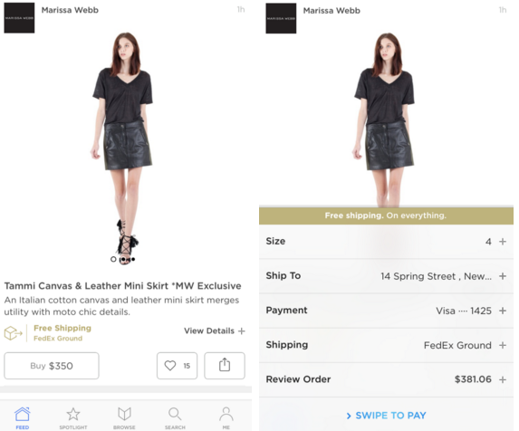 The Spring feed on the left and swipe-to-buy on the right.