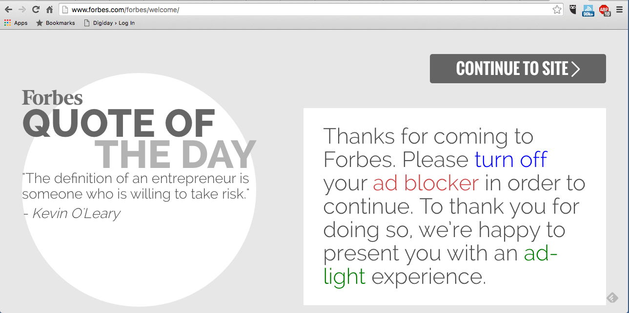 Forbes sends site visitors a pop-up when it detects an ad blocker.