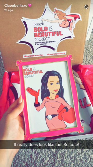 Snapchat influencer @Ciaoobelllaxo is unboxing her package from Benefit Cosmetics.