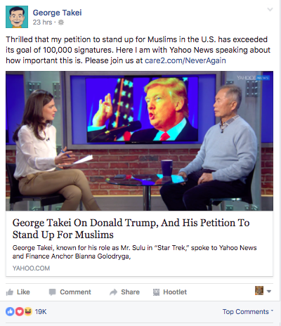 Takei stands up for Muslims on Facebook.