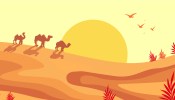 Illustration of camels walking in a desert.