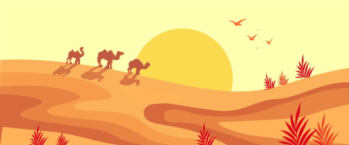 Illustration of camels walking in a desert.