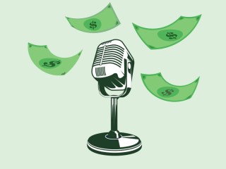 The header image shows an illustration of a microphone with money falling down on it.