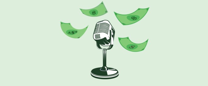 The header image shows an illustration of a microphone with money falling down on it.