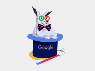 Illustration of a white rabbit coming out of a Google hat.