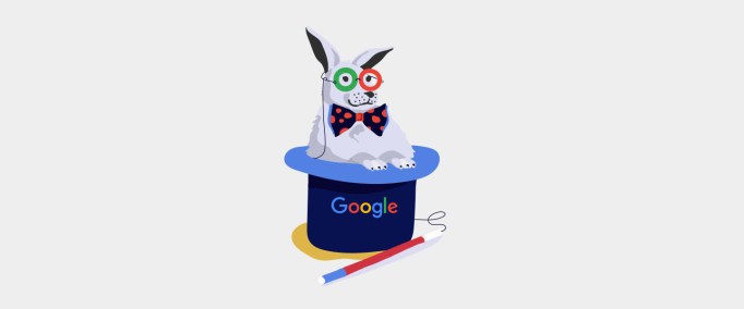 Illustration of a white rabbit coming out of a Google hat.