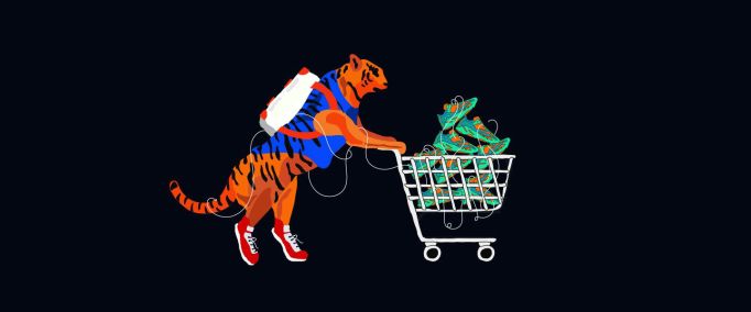 Tiger with backpack pushing a shopping cart full of sneakers.
