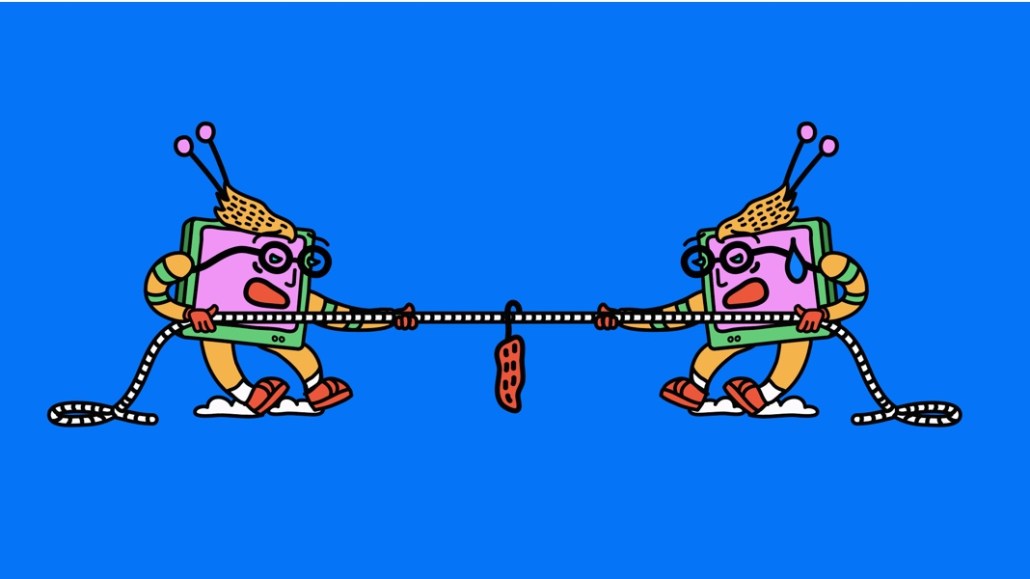 Illustration of two TVs playing tug-of-war.