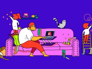 The header image shows a man on a couch with a mess around him trying to work.