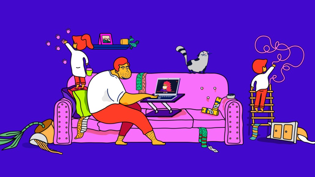 The header image shows a man on a couch with a mess around him trying to work.