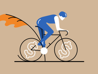 Illustration of a person riding a bike with dollar signs on the wheel spokes.