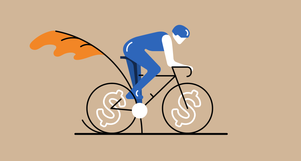 Illustration of a person riding a bike with dollar signs on the wheel spokes.
