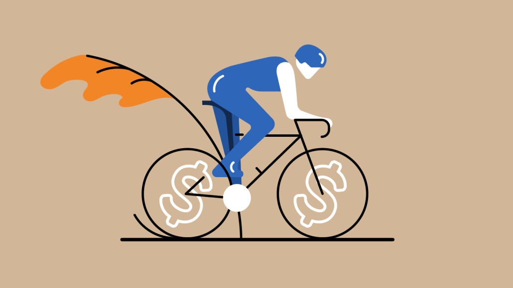 Illustration of a person riding a bike with dollar signs on the wheel spokes.