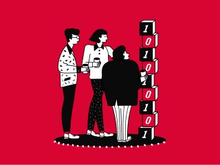 The lead image shows an illustration of three people stacking blocks that have ones and zeros on them.