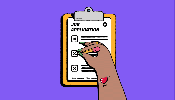 Animation of different skin toned hands filling out a job application.