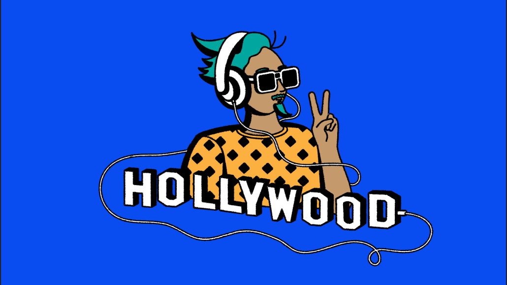 The lead image is an illustration of a person with headphones on and the word Hollywood underneath them.