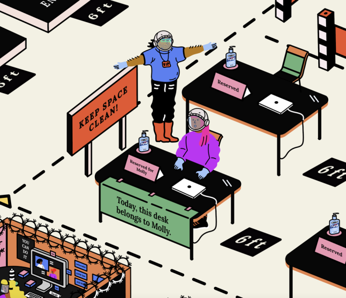 The header image features an illustration of someone at a temporary desk.