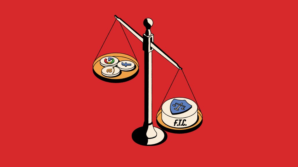 Illustration of a scale with the FTC on one side and platform logos on the other.