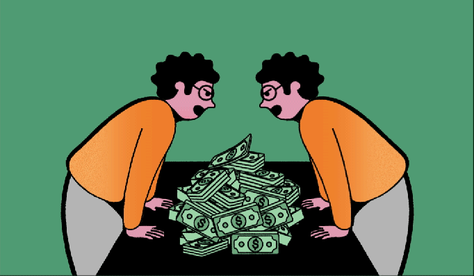 Illustration of two people talking over a pile of money.