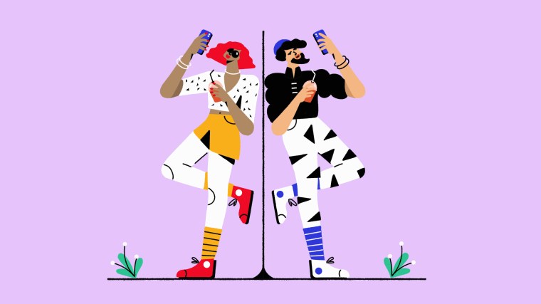 Illustration of two people standing back-to-back in colorful clothing and taking selfies.