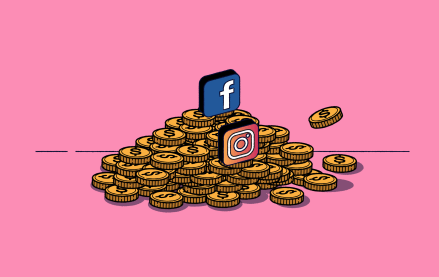 The header image is an illustration of the Meta or Facebook and Instagram icons atop a pile of gold coins.