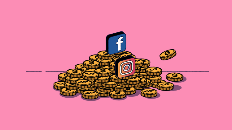 The header image is an illustration of the Meta or Facebook and Instagram icons atop a pile of gold coins.