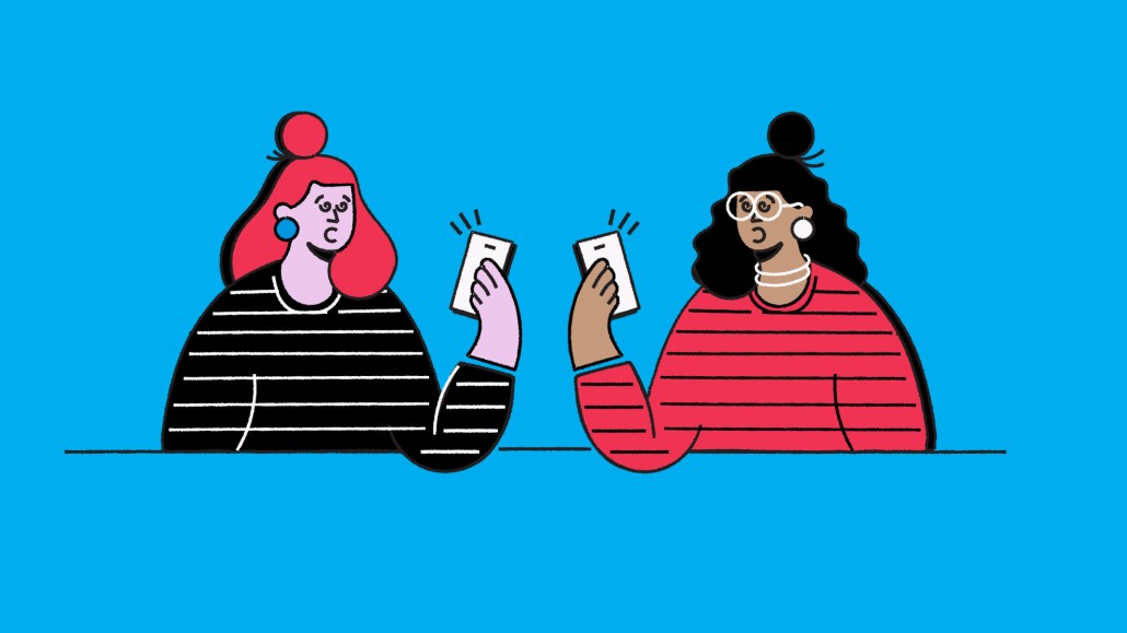 The header image shows an illustration of two women looking at their mobile phones.