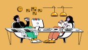 Illustration of two people sitting at work together.