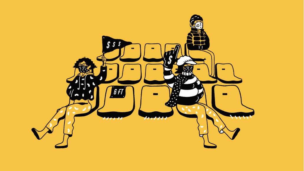 The header image shows an illustration of people social distancing at a football game.