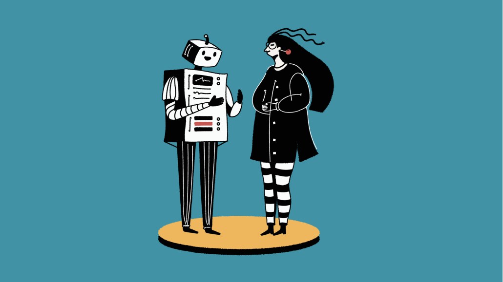 Illustration eines Roboters, der mit einer Person spricht.