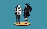 Illustration of a robot talking to a person.