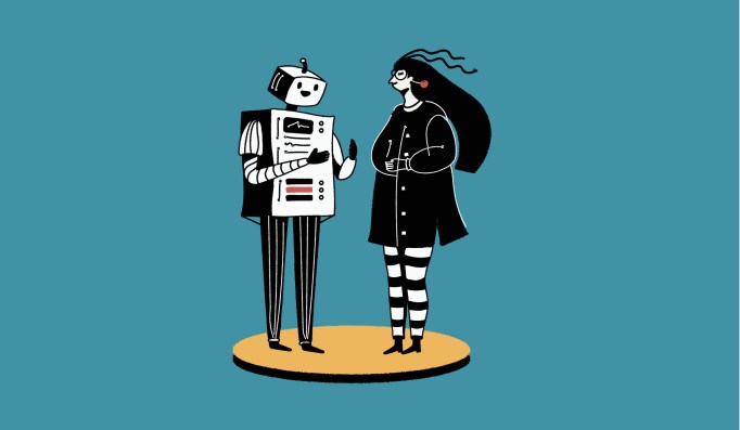 Illustration of a robot talking to a person.