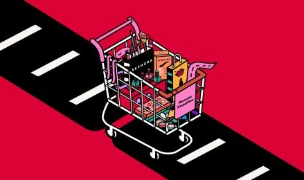 Illustration of a shopping cart on a conveyor belt.