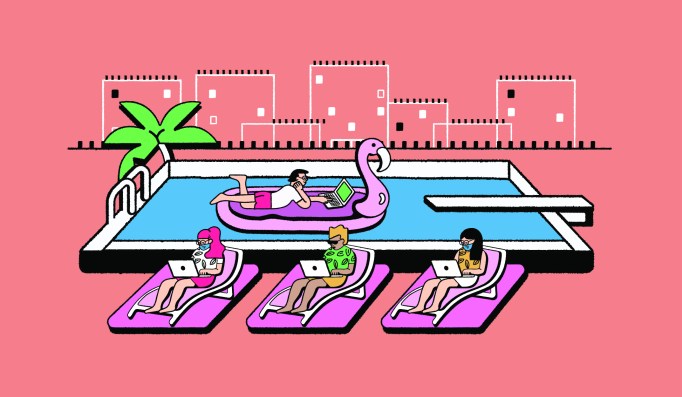The lead image shows an illustration of people laying out at a pool.