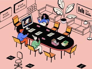 Illustration of people working in a conference room while on a video call.