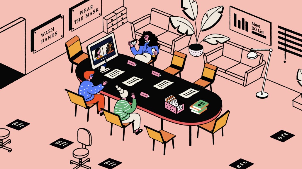 Illustration of people working in a conference room while on a video call.