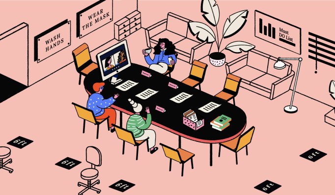 Illustration of people working in a conference room while on a video call.