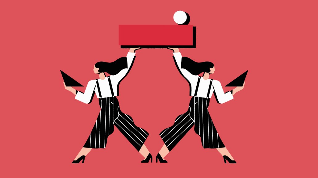 The header image is an illustration of two women holding up a large rectangle with a circle on top, representing resilience and teamwork.