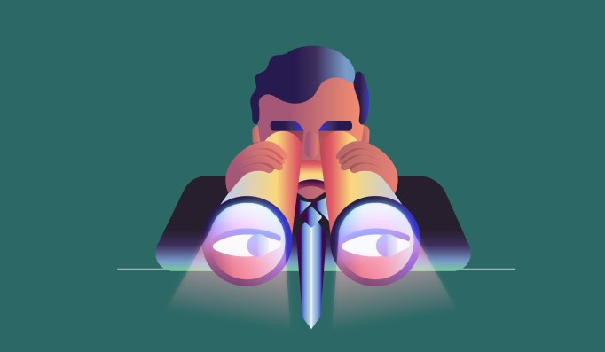 The header image shows an illustration of a man looking through binoculars.