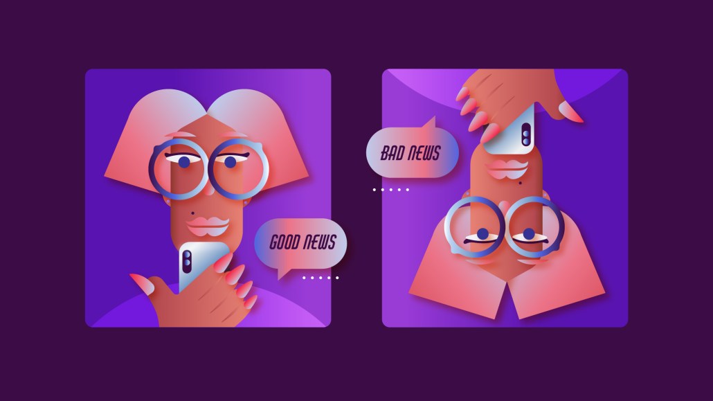 The header image shows an illustration of two people looking at phones. One side says good news and the other side says bad news.