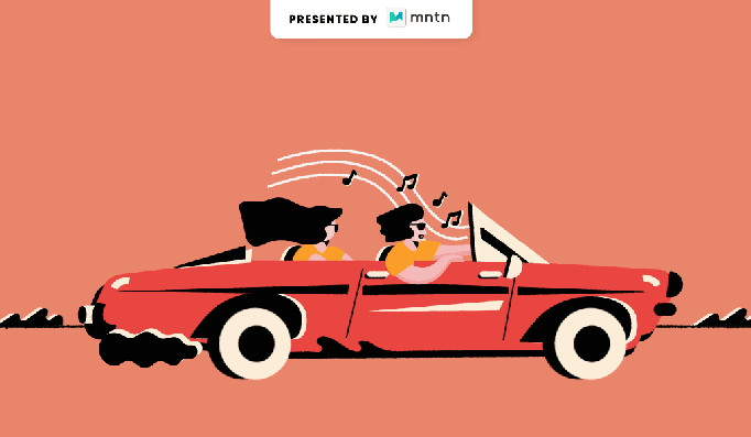Illustration of people in a car listening to music passing by a sign that says 'Buy!'