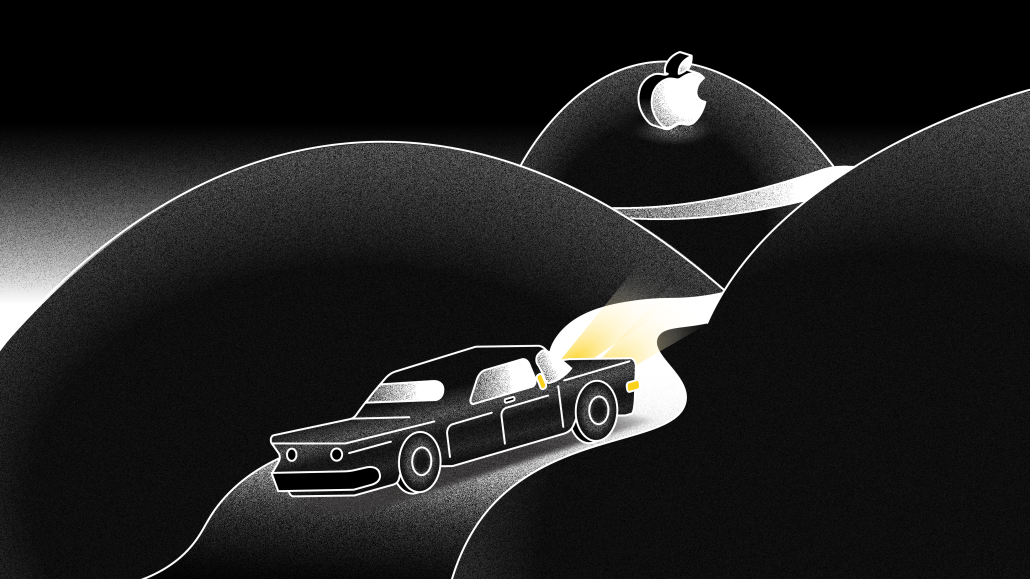 Illustration of car driving in hills towards an Apple logo moon.
