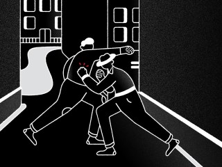 Illustration of two men fighting in an alleyway.