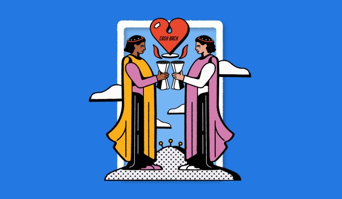 Illustration of Tarot card with cups and a heart.