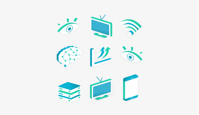 Illustrations of icons that symbolize digital video and TV viewership.