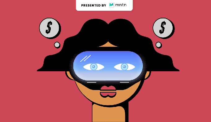 Illustration of a person with a VR headset on and dollar signs above their head.